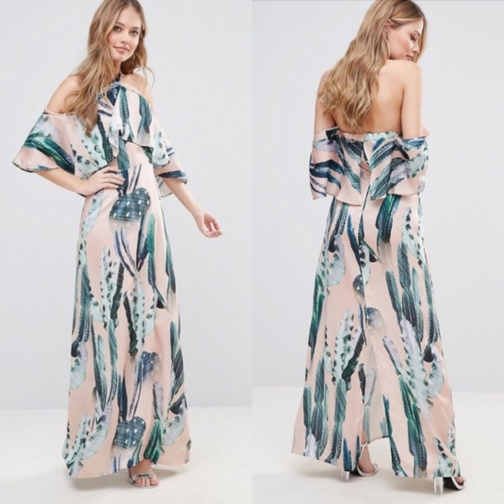 Every Cloud Cactus Print Halterneck Maxi w/ Ruffle
